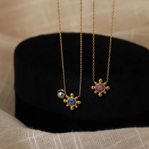 18K gold plated sunflower pendant necklace featuring colorful faux opal stone inlay