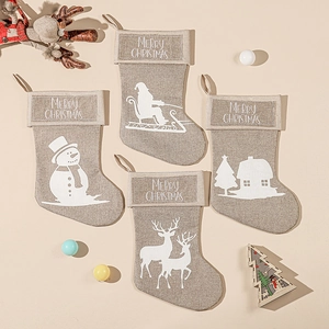 Linen Christmas stockings set with Santa, Snowman and Reindeer patterns for holiday decor