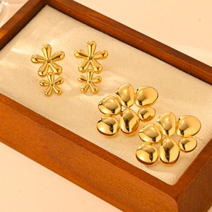 Flower Stud Earrings Titanium Steel 18K Gold Plated Irregular Petal Pebble Mirror Polish Fashion Jewelry Women
