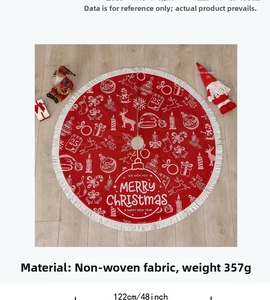Detailed view of 122cm red Christmas tree skirt with reindeer print and white fringe trim