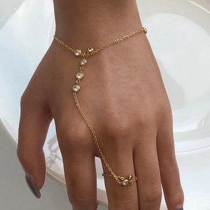 Finger Ring Hand Chain Bracelet Gold Plated Stainless Steel Round Cubic Zirconia For Women Minimalist Adjustable Jewelry