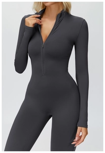 Detailed view of the front zipper and stand-up collar on a charcoal grey yoga bodysuit