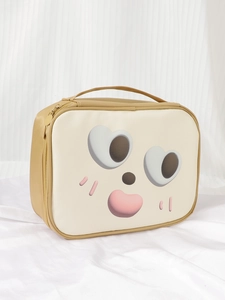 Detail view of the portable PU makeup bag with cartoon face and dual zippers