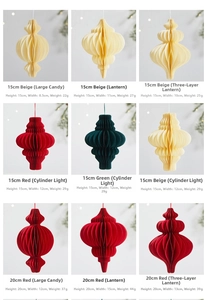 Detail grid of honeycomb paper Christmas tree ornaments in various colors and sizes