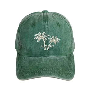 Washed green cotton baseball cap with embroidered white coconut trees and Summer text