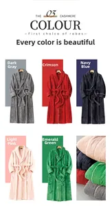 Detailed grid of thick plush bathrobes in gray, navy, red, pink, and green colors