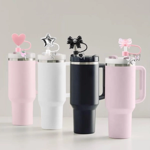 Stanley Cup heart silicone straw covers with glitter stars and bow resin cap set