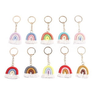 Detailed set of 10 handmade macrame rainbow keychains with colorful cotton tassels
