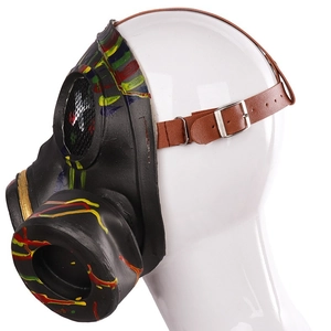 Steampunk graffiti gas mask with colorful paint drips and brown leather straps
