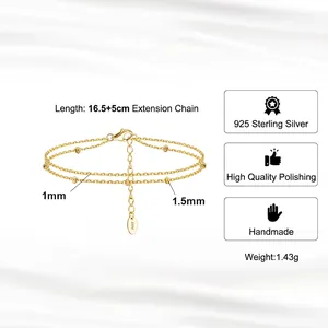 Bracciale a doppio strato minimalista in argento S925 con perline d'oro e catena regolabile