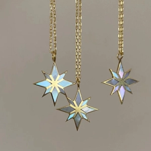 Vintage Stainless Steel 18K Gold Plated Eight Pointed Star Pendant Necklace Natural Abalone Shell Retro North Star Jewelry For Women