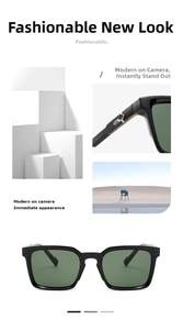 Detailed macro view of metal hinge accents on square black frame sunglasses with green lenses