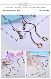 Gunmetal black eyewear chain 90cm featuring square pendants and rubber loops detail