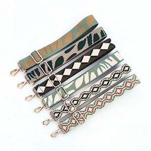 Adjustable woven handbag straps with ethnic patterns and golden metal hooks