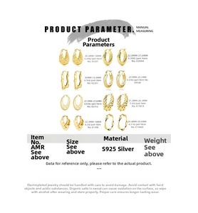 Size chart for 925 sterling silver gold earrings with detailed dimensions and weight specifications