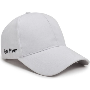 White cotton baseball cap featuring black Grl Pwr side embroidery and curved brim