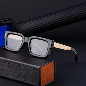 Classic square black eyeglasses frame with ornate gold metal temples and leather case