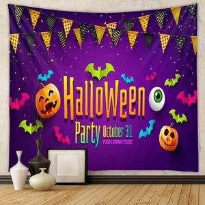 Detail of Halloween Party tapestry featuring festive pumpkins, bats, and purple background