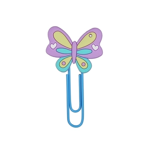 Detail showing a purple butterfly PVC paperclip bookmark with white heart patterns