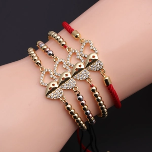 Interlocking Double Heart Star Charm Bracelet With Copper Beads And Cubic Zirconia Adjustable Woven Rope For Women