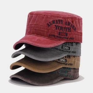 Vintage washed cotton flat top cadet caps in multiple colors with side embroidery