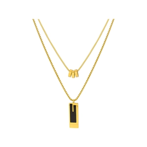 Double-layered gold titanium steel necklace with rectangular black pendant and gold tubes