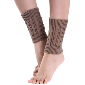 Women's autumn knit leg warmers with cable twist pattern in coffee brown color