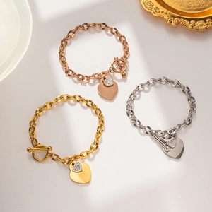 Fashion Titanium Steel Toggle Clasp Bracelet For Women Minimalist Heart Pendant Rhinestone Inlaid Double Heart Chain Jewelry