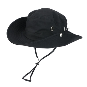 Detail of black wide-brimmed sun hat with adjustable chin strap and side snaps