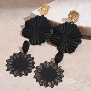 Dark aesthetic matte black floral drop earrings with gold hammered metal and mandala cutouts