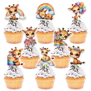 Cartoon Giraffe Cake Toppers For Kids Birthday Party Rainbow Animal Theme Cupcake Decoration DIY Paper Cake Inserts