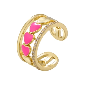 Three-layer adjustable gold ring with pink enamel hearts and sparkling zircon stones