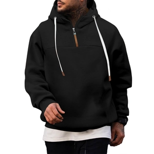 Men's casual black fleece hoodie with half-zipper and white contrast drawstrings
