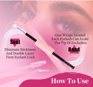 Detailed view of dual-ended pink lash glue with black bond brush and white seal wand brush
