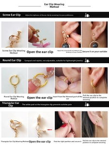 Guide for wearing screw-on, round, and triangle clip-on earrings with gold and pearl details