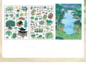 Détail des autocollants PET de paysages chinois avec pagodes et pins sur carte décor