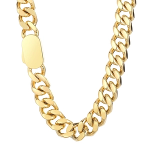 Chunky gold Cuban link chain necklace with a polished rectangular clasp on white background
