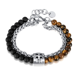 Double-layer stainless steel bracelet with tiger eye beads and cross charm for men