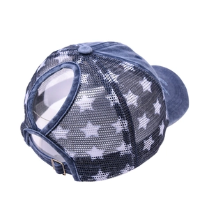 Denim blue ponytail baseball cap with star mesh back and adjustable metal buckle