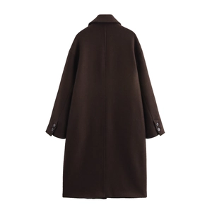 Minimalist dark brown long wool coat for women with oversized silhouette and cuff details