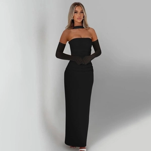 Detail view of black strapless evening gown featuring matching mesh sleeves and choker necklace