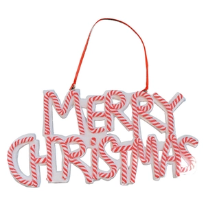 Merry Christmas lettering clay ornament with red stripes and glitter for holiday tree decor