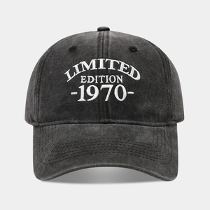 Detail of LIMITED EDITION 1970 white 3D embroidery on vintage washed grey baseball cap