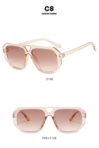 Detail view showing front and side angles of geometric double bridge sunglasses