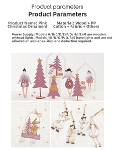 Détails d'anges de Noël en bois rose et de suspensions bonhommes de neige lumineux