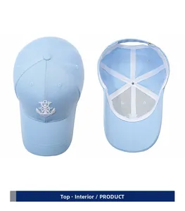 Vue intérieure et supérieure de la casquette bleu clair avec broderie d'ancre et bandeau