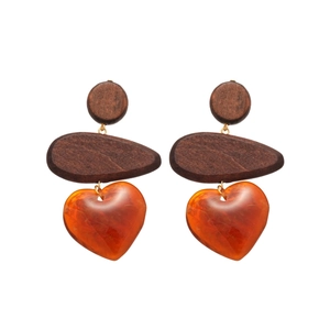 Vintage wooden and heart resin drop earrings with silver pins and gold accents