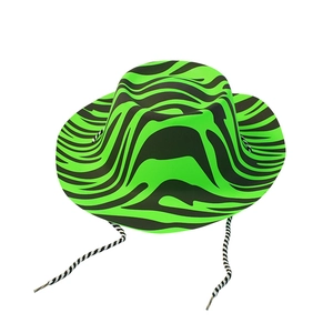 Fluorescent green zebra print cowboy hat featuring a black and white adjustable chin cord