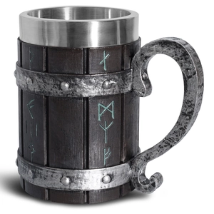 Viking style stainless steel beer mug with wood barrel design and decorative runes