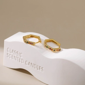 Minimalist 18K gold-plated hexagonal hoop earrings with vibrant colorful cubic zirconia